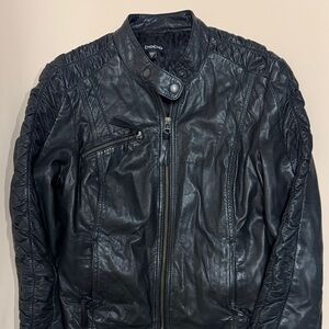 Bebe Men's Dark Leather Bomber Jacket
